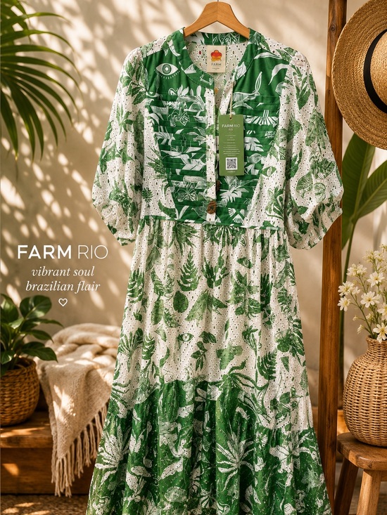 FARM Rio Dresses & Skirts - FARM Rio Green and White Printed Midi Dress